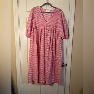 BECASA Pink  Floral Block Print 100% Cotton Tiered Poplin Dress Pockets Size S/M